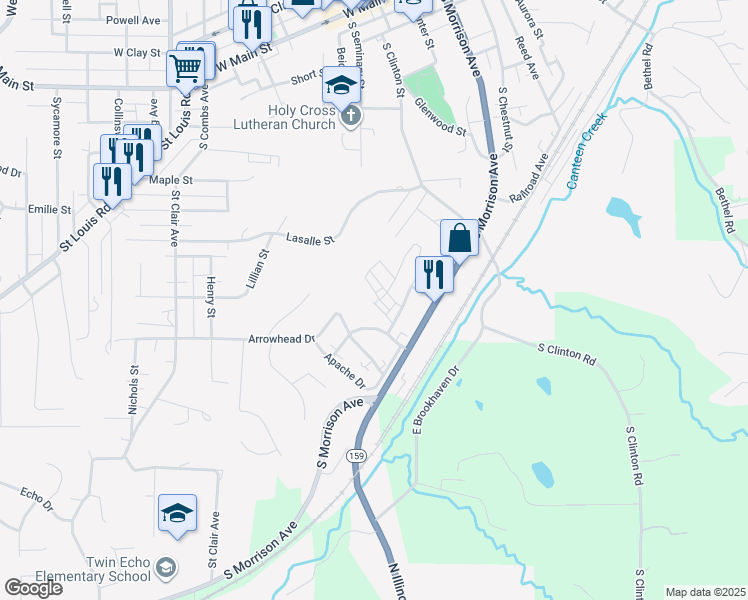 map of restaurants, bars, coffee shops, grocery stores, and more near 43 Idlebrook Drive in Collinsville