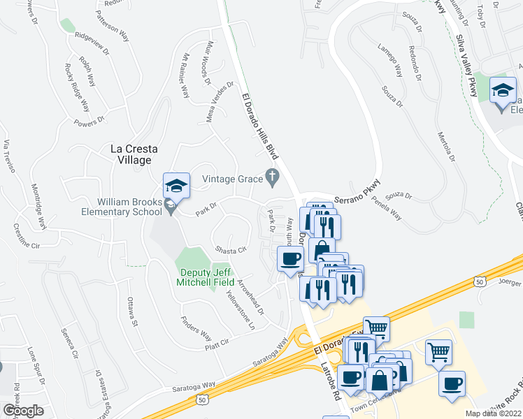 map of restaurants, bars, coffee shops, grocery stores, and more near 3764 Park Drive in El Dorado Hills
