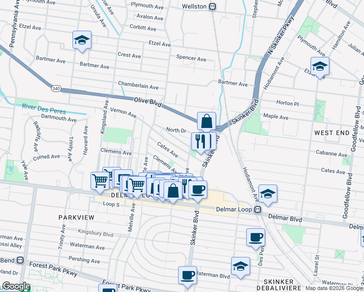 map of restaurants, bars, coffee shops, grocery stores, and more near 6252 Cabanne Avenue in Saint Louis
