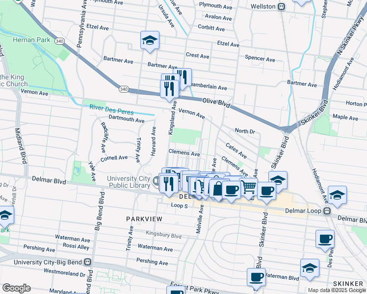 map of restaurants, bars, coffee shops, grocery stores, and more near 6631 Clemens Ave in St Louis