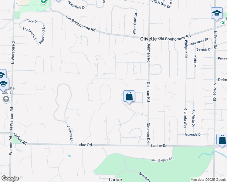 map of restaurants, bars, coffee shops, grocery stores, and more near 21 Oakleigh Lane in St. Louis