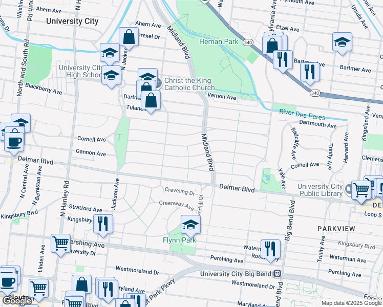 map of restaurants, bars, coffee shops, grocery stores, and more near 7233 Cornell Avenue in University City
