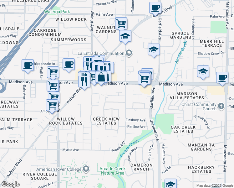 map of restaurants, bars, coffee shops, grocery stores, and more near 5103 Griffin Oaks Lane in Sacramento