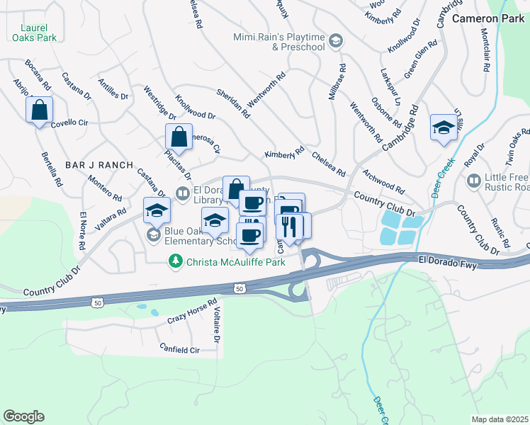 map of restaurants, bars, coffee shops, grocery stores, and more near 2584 Greenwood Lane in Cameron Park