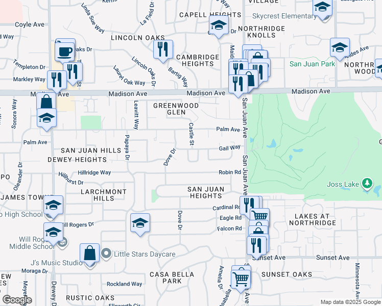 map of restaurants, bars, coffee shops, grocery stores, and more near 7154 Palace Circle in Fair Oaks