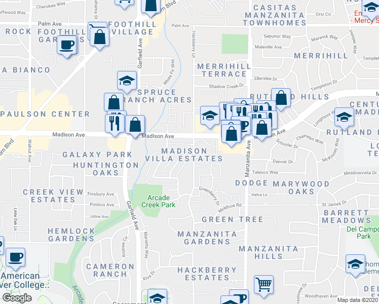 map of restaurants, bars, coffee shops, grocery stores, and more near 5701 Callie Lane in Sacramento