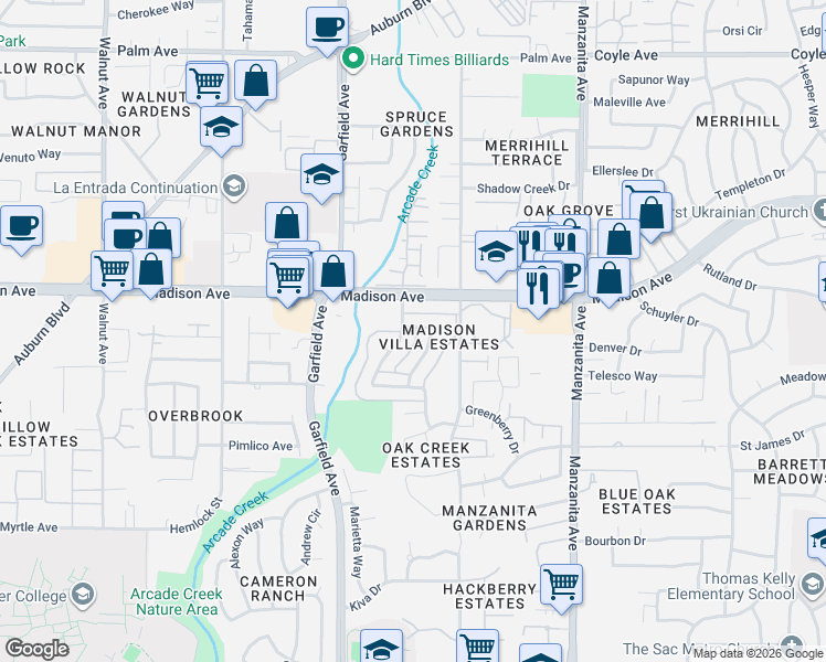 map of restaurants, bars, coffee shops, grocery stores, and more near 5103 Rhode Island Drive in Sacramento