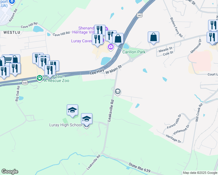 map of restaurants, bars, coffee shops, grocery stores, and more near 251 Leaksville Road in Luray