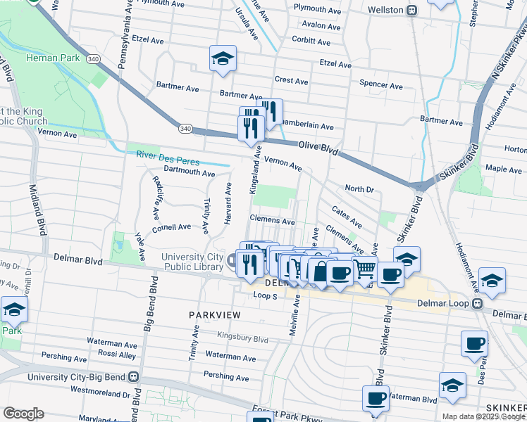 map of restaurants, bars, coffee shops, grocery stores, and more near 6645 Clemens Avenue in University City