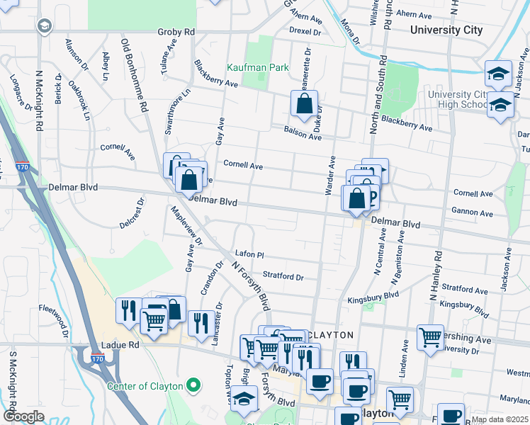 map of restaurants, bars, coffee shops, grocery stores, and more near 7940 Delmar Boulevard in University City
