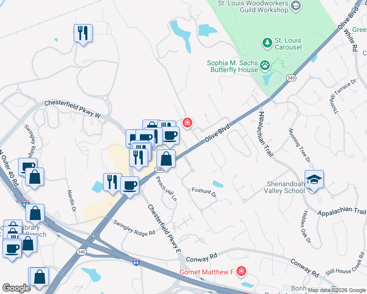map of restaurants, bars, coffee shops, grocery stores, and more near 15405 Olive Boulevard in Chesterfield