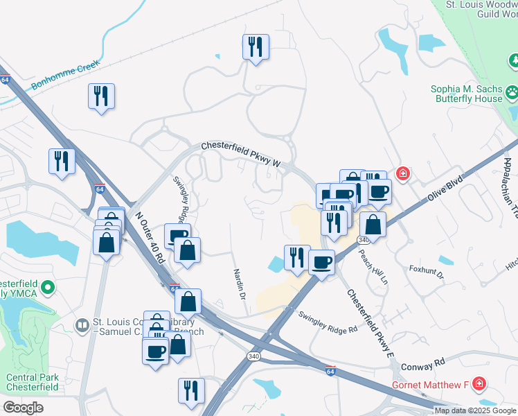 map of restaurants, bars, coffee shops, grocery stores, and more near 15619 Quail Meadows Drive in Chesterfield