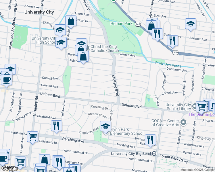 map of restaurants, bars, coffee shops, grocery stores, and more near 7233 Cornell Avenue in University City