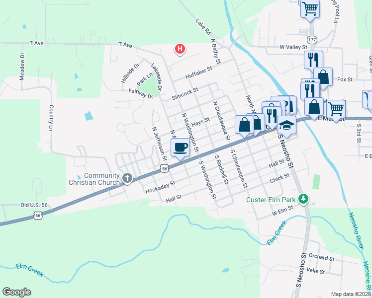 map of restaurants, bars, coffee shops, grocery stores, and more near 1-51 North Washington Street in Council Grove