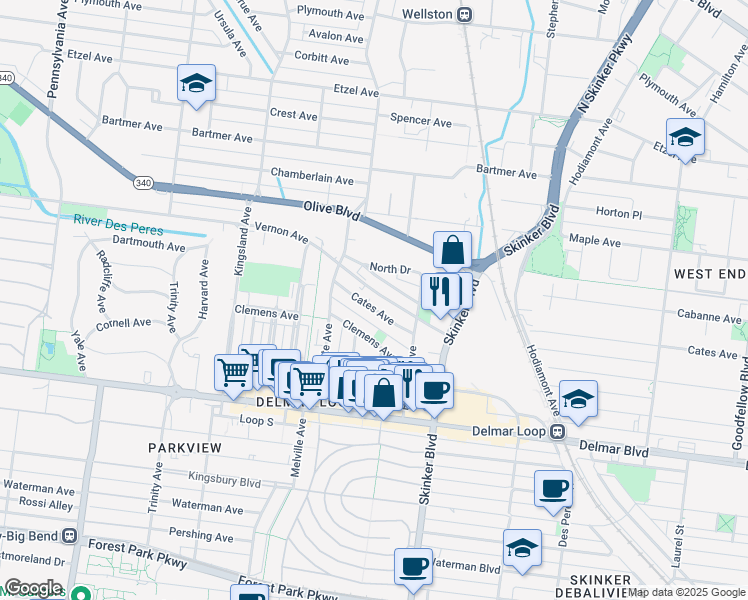 map of restaurants, bars, coffee shops, grocery stores, and more near 6317 Cates Avenue in University City