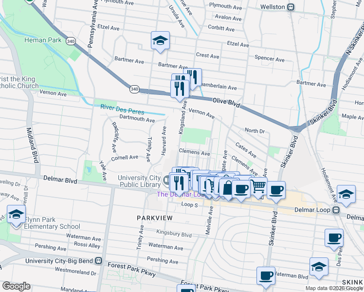 map of restaurants, bars, coffee shops, grocery stores, and more near 6645 Clemens Avenue in University City