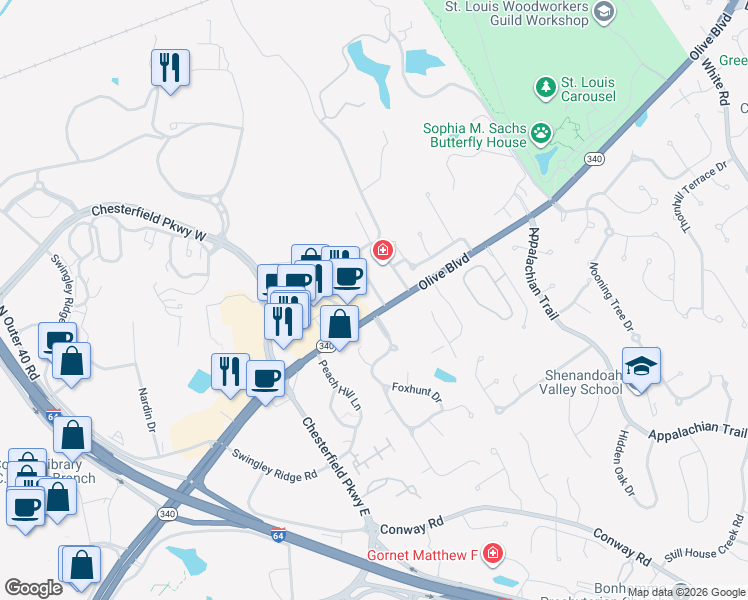map of restaurants, bars, coffee shops, grocery stores, and more near 15405 Olive Boulevard in Chesterfield