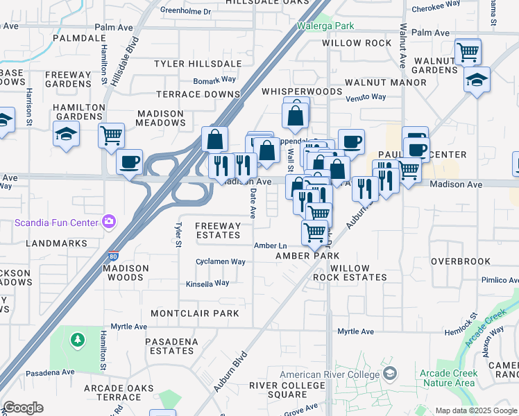 map of restaurants, bars, coffee shops, grocery stores, and more near 5120 Date Avenue in Sacramento