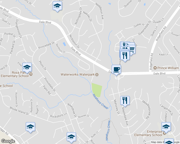 map of restaurants, bars, coffee shops, grocery stores, and more near 5654 Northton Ct in Woodbridge