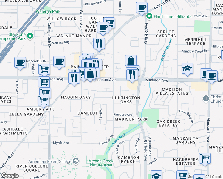 map of restaurants, bars, coffee shops, grocery stores, and more near 5103 Hemlock Street in Sacramento