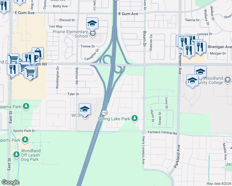 map of restaurants, bars, coffee shops, grocery stores, and more near 1426 Peterson Drive in Woodland