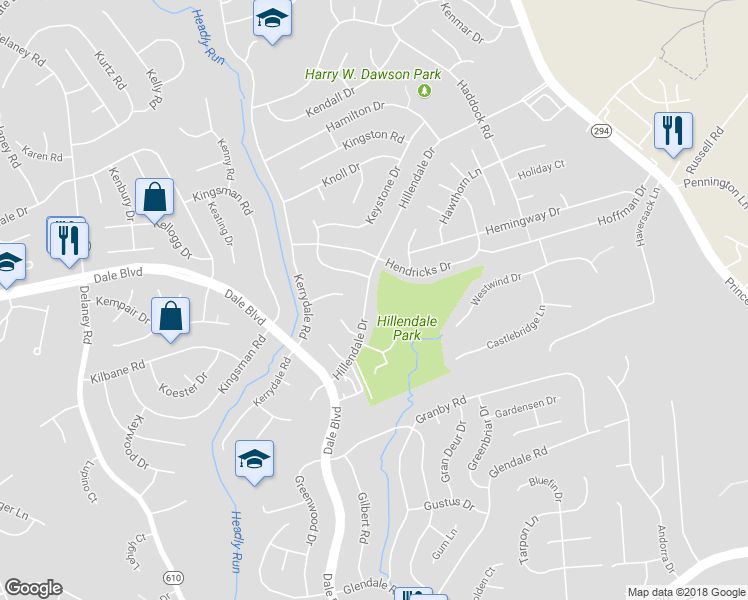 map of restaurants, bars, coffee shops, grocery stores, and more near 13413 Hillendale Drive in Woodbridge
