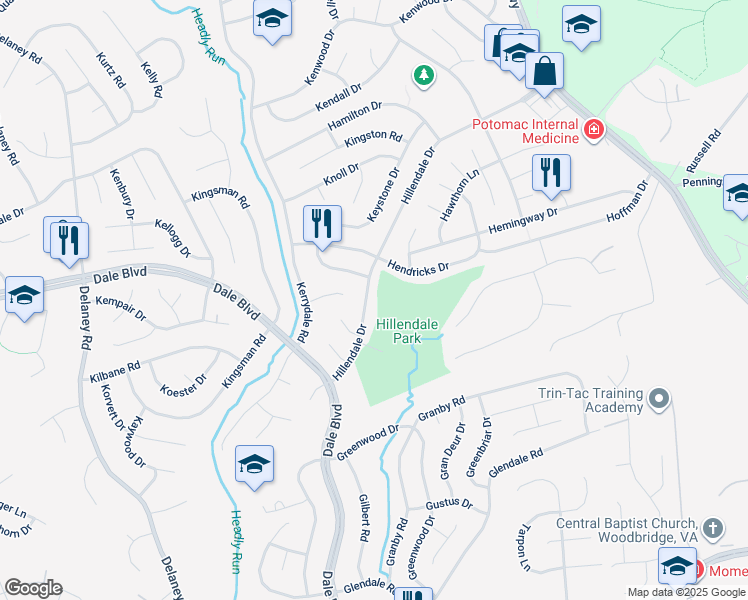 map of restaurants, bars, coffee shops, grocery stores, and more near 13413 Hillendale Drive in Woodbridge