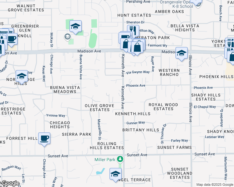 map of restaurants, bars, coffee shops, grocery stores, and more near 5129 Kenneth Avenue in Fair Oaks