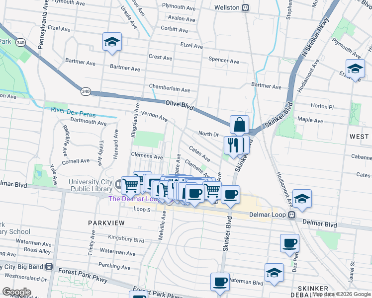 map of restaurants, bars, coffee shops, grocery stores, and more near 6414 Cates Avenue in Saint Louis