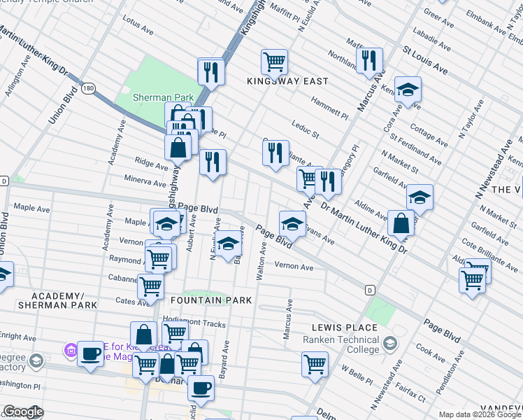 map of restaurants, bars, coffee shops, grocery stores, and more near 1325 Walton Avenue in St. Louis