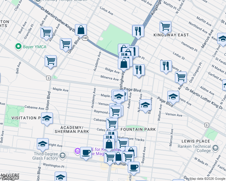 map of restaurants, bars, coffee shops, grocery stores, and more near 1259 North Kingshighway Boulevard in St. Louis