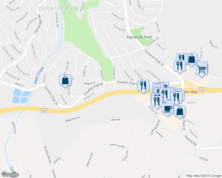 map of restaurants, bars, coffee shops, grocery stores, and more near 3958 Lancelot Court in Cameron Park