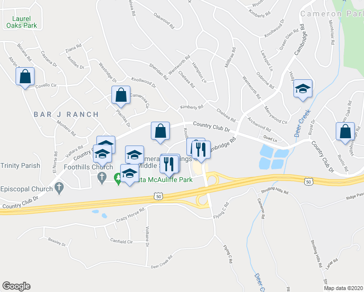 map of restaurants, bars, coffee shops, grocery stores, and more near 2584 Greenwood Lane in Shingle Springs