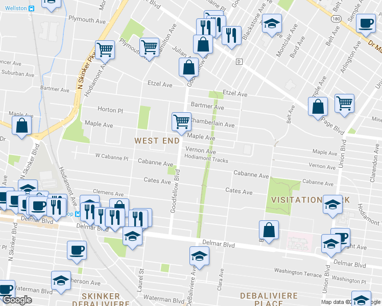 map of restaurants, bars, coffee shops, grocery stores, and more near 5734 Vernon Avenue in St. Louis