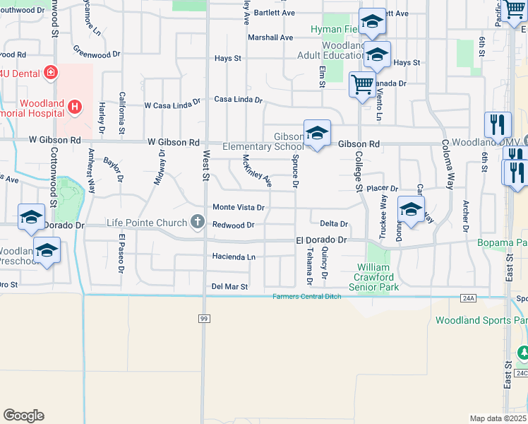 map of restaurants, bars, coffee shops, grocery stores, and more near 116 Monte Vista Drive in Woodland