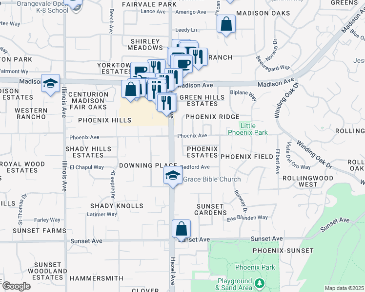 map of restaurants, bars, coffee shops, grocery stores, and more near Rabeneck Way & Ramstad Avenue in Fair Oaks