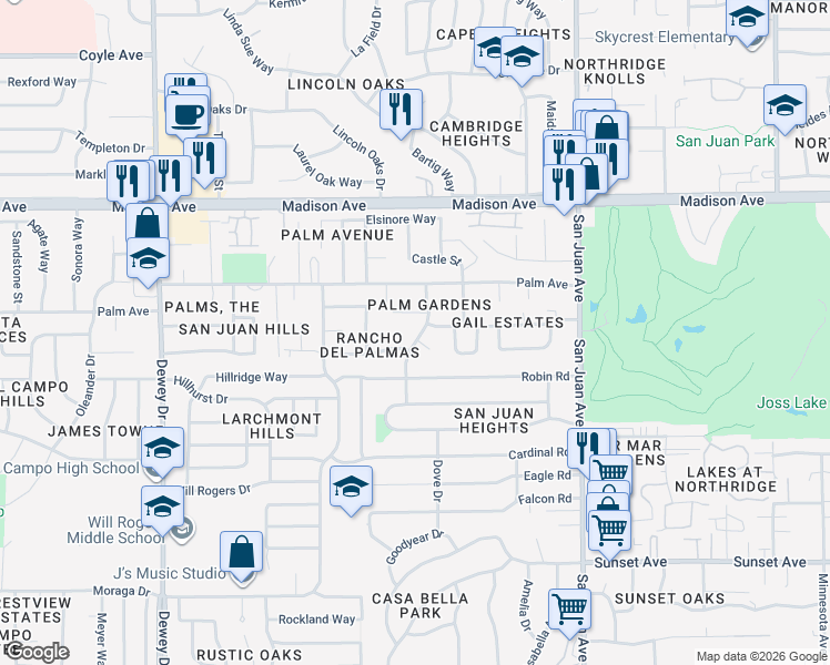 map of restaurants, bars, coffee shops, grocery stores, and more near 5201 Dove Drive in Fair Oaks