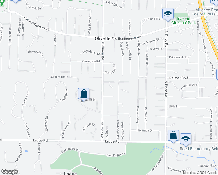 map of restaurants, bars, coffee shops, grocery stores, and more near 8 Sumac Lane in St. Louis