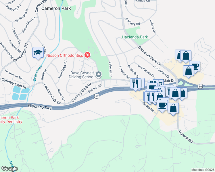 map of restaurants, bars, coffee shops, grocery stores, and more near 3958 Lancelot Court in Cameron Park