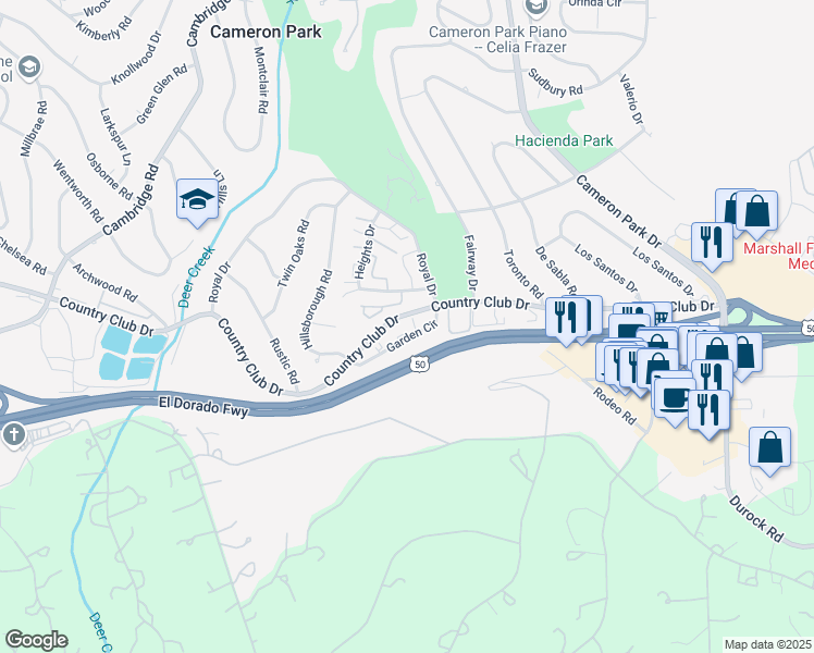 map of restaurants, bars, coffee shops, grocery stores, and more near 3114 Garden Circle in Cameron Park
