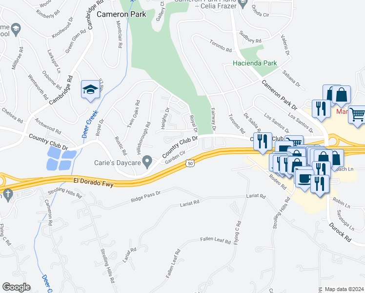 map of restaurants, bars, coffee shops, grocery stores, and more near 3085 Garden Circle in Cameron Park