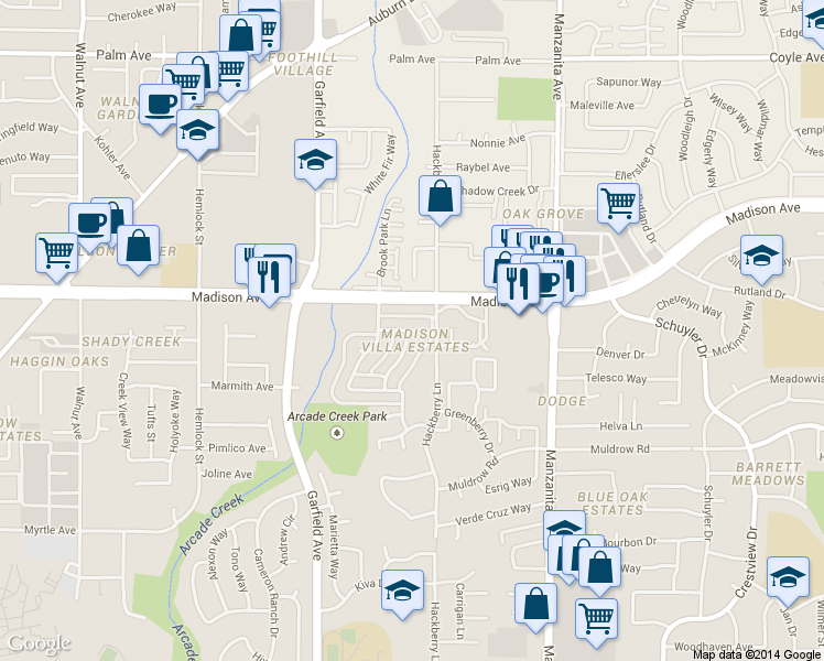 map of restaurants, bars, coffee shops, grocery stores, and more near 5103 Rhode Island Drive in Sacramento