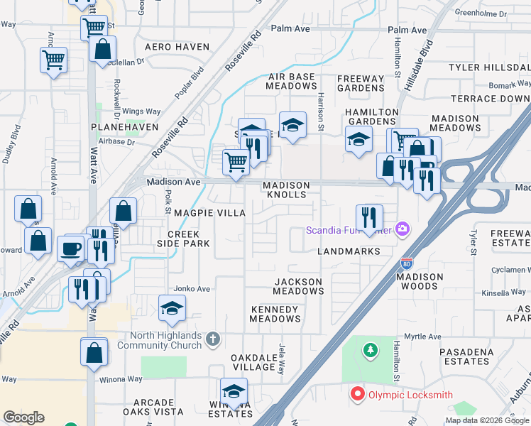 map of restaurants, bars, coffee shops, grocery stores, and more near 5040 Lamplighter Lane in North Highlands