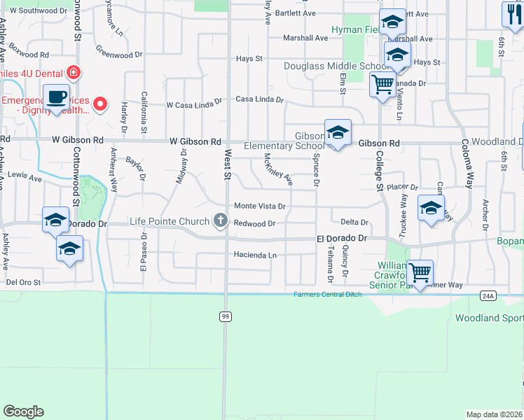 map of restaurants, bars, coffee shops, grocery stores, and more near 100 Monte Vista Drive in Woodland