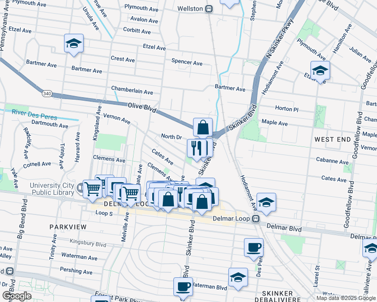 map of restaurants, bars, coffee shops, grocery stores, and more near 840 Eastgate Avenue in University City