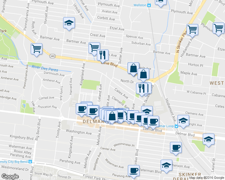 map of restaurants, bars, coffee shops, grocery stores, and more near 6404 Cates Avenue in University City