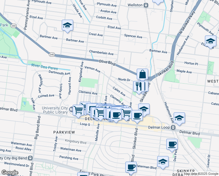 map of restaurants, bars, coffee shops, grocery stores, and more near 6404 Cates Avenue in University City