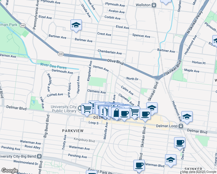 map of restaurants, bars, coffee shops, grocery stores, and more near 817 Westgate Avenue in University City