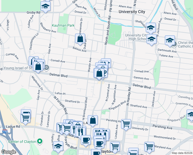 map of restaurants, bars, coffee shops, grocery stores, and more near 7737 Delmar Boulevard in University City