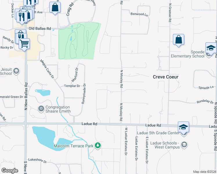 map of restaurants, bars, coffee shops, grocery stores, and more near 9 Ladue Meadows in Creve Coeur